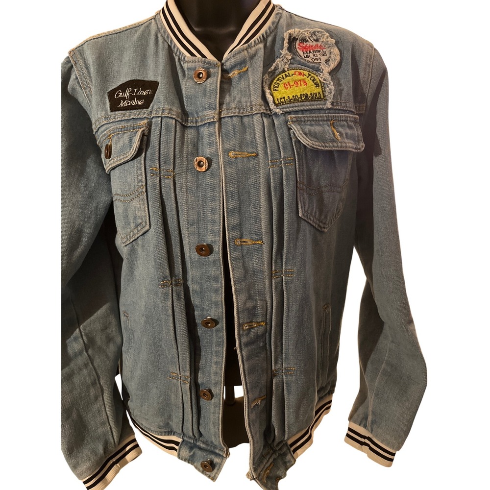 Vtg Denim‎ Bomber Jacket Patches Ribbed Collar Cuffs pleated Festival Streetwear